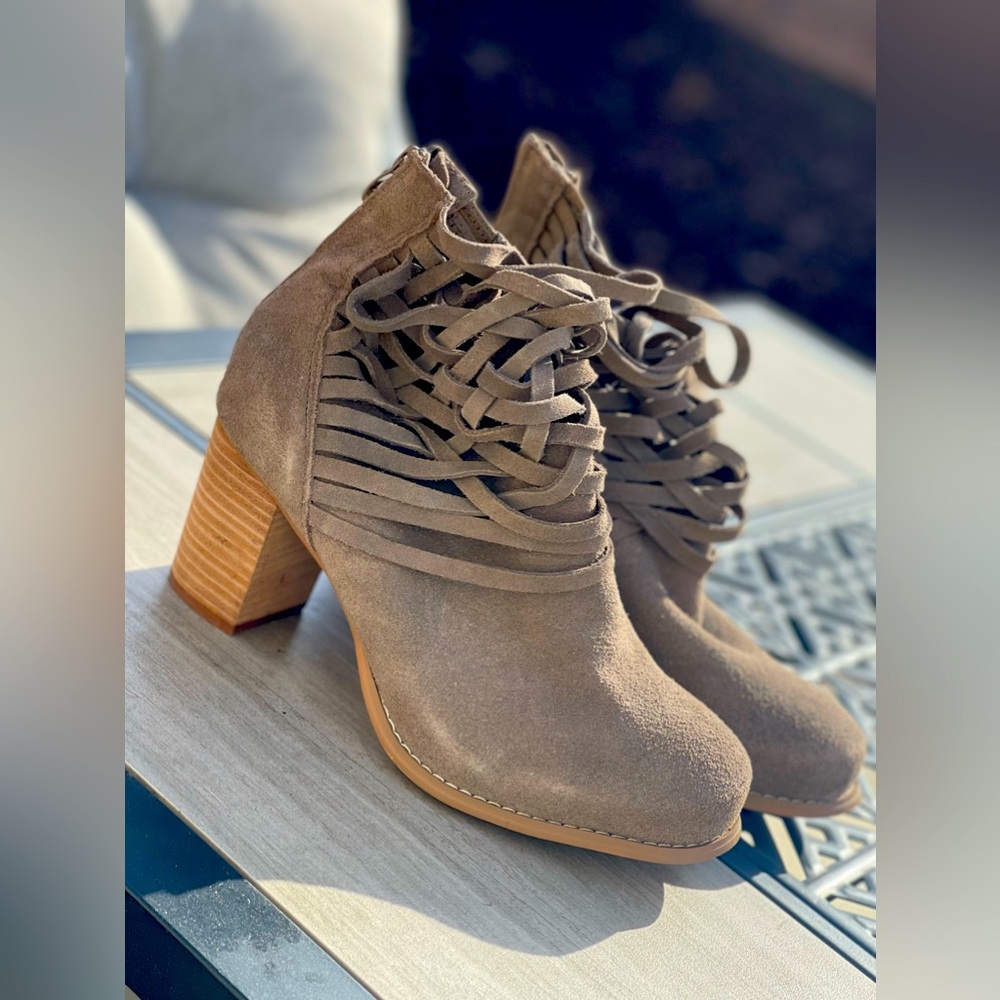 Suede open strappy heeled boots
